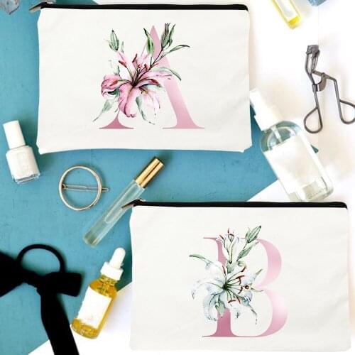 Pink Letters Flowers Women Cosmetic Bags Organize Cute Make Up Bag Birthday Gift for Mom Friends Sister Aunt