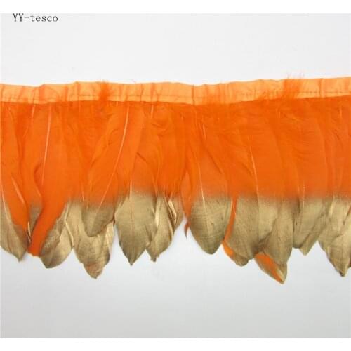 Wholesale Goose Feather Trims 6 Meter Orange Geese Feather Ribbons/15-18cm Fringes Gold Goose Feather Cloth Belt DIY decorative