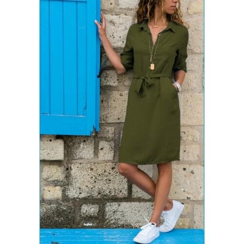 Autumn Solid Short Sleeve Lace Up Waist Shirt Dress For Women 2020 Single-breasted Slim Casual Women Dress Vestidos De Verano