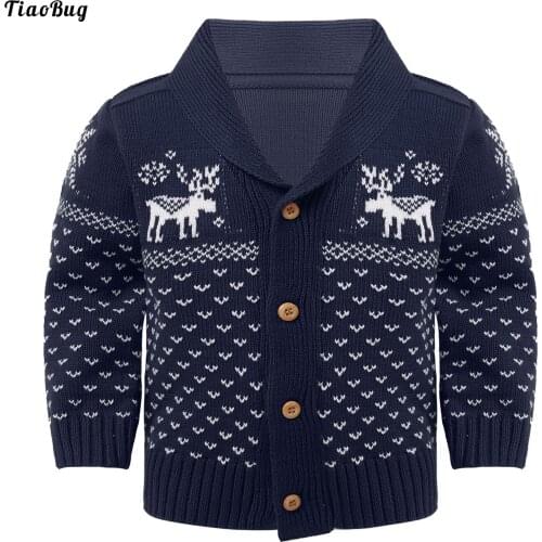 TiaoBug Autumn Kids Girl Boys Christmas Costume Turn-Down Collar Long Sleeve Elk Knited Pattern Button Crochet Cardigan Sweater