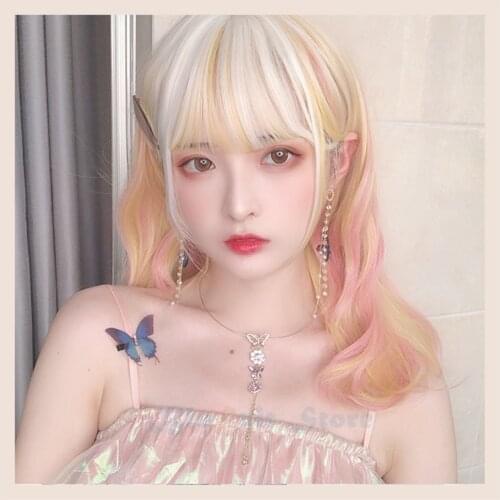 Mixed Pink Yellow White Lolita Wig Candy Harajuku Fairy Summer Long Curly Sweet Bangs Creamy Girls Cosplay Synthetic Hair