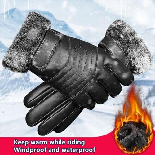 MenS Outdoor Riding Touch Pu Leather Gloves Waterproof and Windproof Thickened Plus Velvet Warmth Motorcycle Riding Gloves