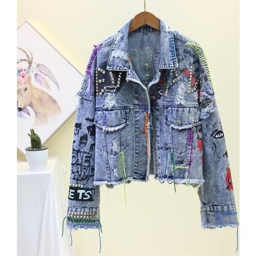 Tide Brand Graffiti Denim Short Jacket Female Personality Raw Edge Cut Heavy Rivet Top Color Tassel Clip Women Denim Coat