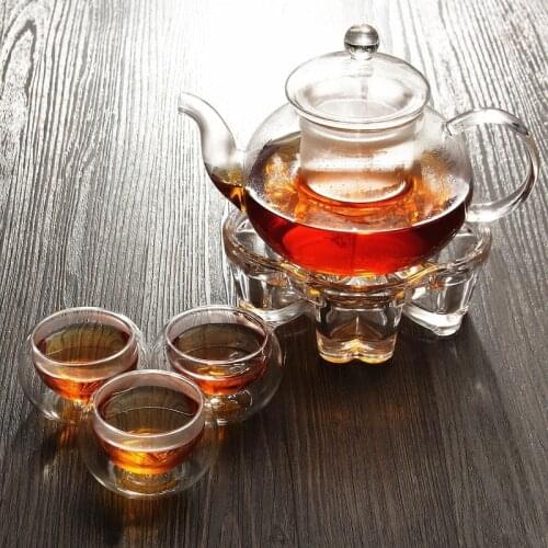 Chinese Gongfu Glass Tea Pot Set With Infuser Filter Tea Light Warmer 6 Cups