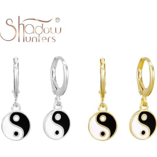 SHADOWHUNTERS Real 925 Sterling Silver Yin Yang Earrings Tai Chi Gossip Huggies Black And White Enamel Aretes For Female Jewelry