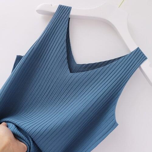 V Neck Knitted Tank Top Women Clothing Solid Ribbed Vest Female Tops Slim Sleeveless T-Shirt Casual Mujer Tanks 2021 Summer