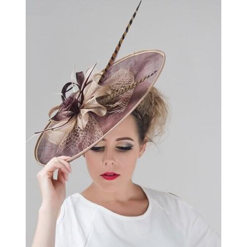 Brand 6 colors European Large Flower Feather Mesh Wedding Hat Women Girl Vintage Sinamay Fascinators Hairband Dress Headpiece