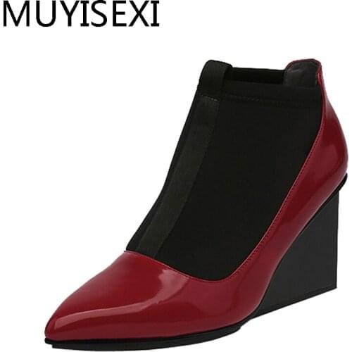 Women Autumn Ankle Boots Wedges High Heels Genuine Leather Pointed Toe Slip-On Shoes Wine Red Black HL137 MUYISEXI