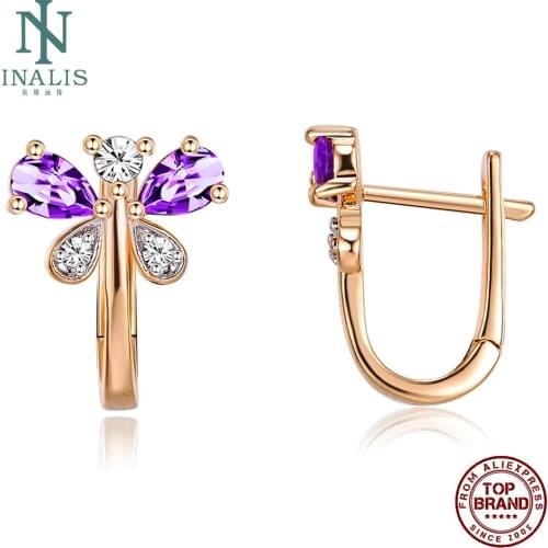 INALIS Butterfly Earrings For Women Champagne Gold Stud Earring Purple Zircon Fashion Jewelry Hot Selling Gift For Girlfriend