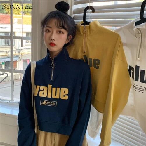 Hoodies Women Stand Zipper Letter Printed Cropped Sweatshirts Streetwear Korean Style Active Autumn Young Girls Casual New Daily
