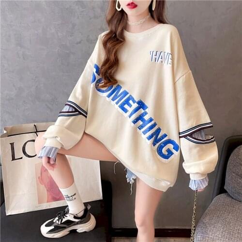 Mid-length Hollow Fake Two-piece Pullover Women Spring Autumn Thin Pullover Korean Loose Long-sleeved Ins Shirt Design Niche Top