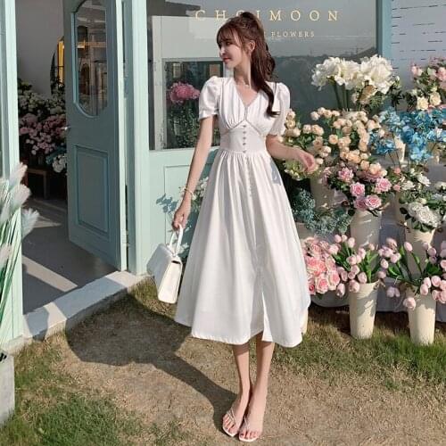 V Neck Single Breast Design A-Line Dress Women High Waist Draped Vestidos Puff Short Sleeve Robe Summer