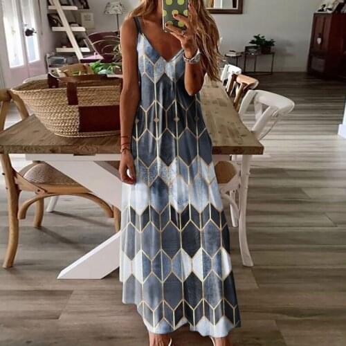 Womens Casual Summer Sundress Loose V-neck High Waist diamond Print Sleeveless Maxi Long Dress Fashion Print Plus Size Dress