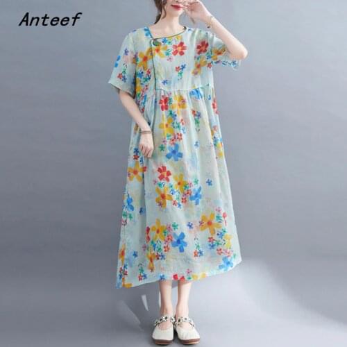 Short sleeve cotton vintage floral dresses for women casual loose long woman summer dress elegant clothes 2021