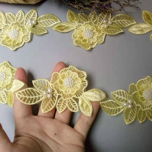 2 yards Yellow Pearl Flower Leaf Handmade Beaded Embroidered Lace Edge Trim Ribbon Applique Wedding Dress Sewing Craft DIY Hot