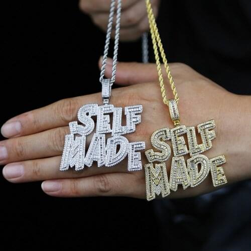 2021 Hip hop Iced out Bling full 5A cz paved big letter Self Made Charm pendant necklaces with long Rope Chain jewelry for men