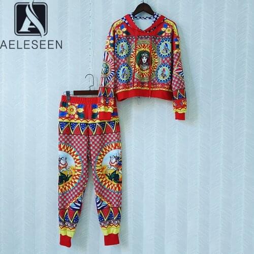 AELESEEN Women Autumn Winter Sicilian Tracksuit 2021 New Sportwear Ladys Suit 2 Piece Hoodies + Sweatpants Flower Print Sets