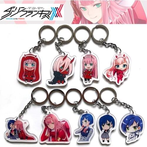 Anime DARLING in the FRANXX 02 HIRO ZERO TWO Keychain Cosplay Acrylic Figure Keyring School bag Cute Pendant Charms Xmas Gifts