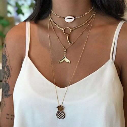 Bohemian Gold Color Shell Fishtail Pineapple Round Pendant Multi Layer Necklace Personality Necklace Jewelry Accessories