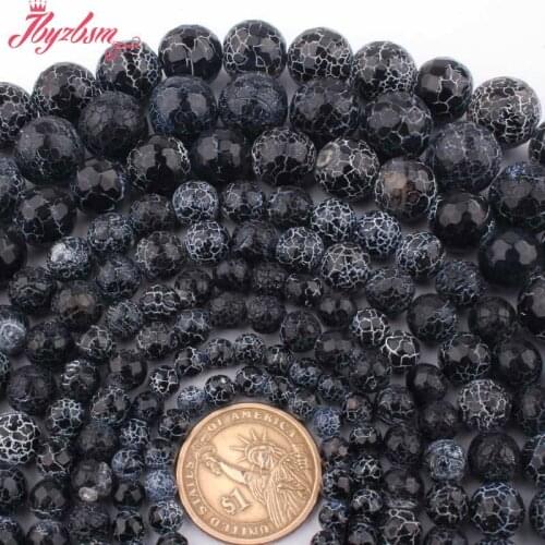 Black Faceted Cracked Fire Agates Stone Loose Spacer Beads for DIY Accessories Women Men Necklace Bracelets Jewelry Making 15"
