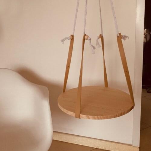 Wood Hanging Table Plant Support Handmade Wooden Leather Shelf Rack Plate Nordic Home Hotel Dorm Bedroom Organizer Decor