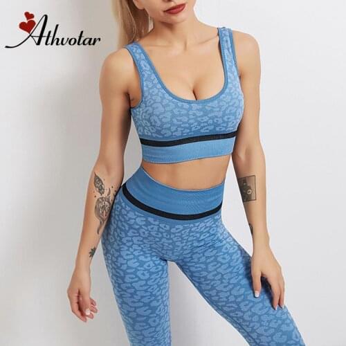 Women Leopard Gym Sets Seamless Fitness Suits Workout Bra+Scrunch Leggings Sports Clothing Yoga Set Running Clothes Women