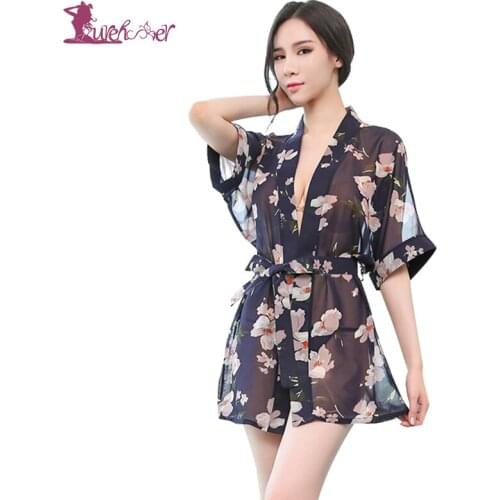 Lurehooker Women Sexy Lingerie Perspective Print Pajamas+T-thongs Chiffon Babydoll with Belt Porn Erotic Costumes Lenceria