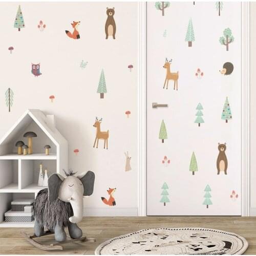 Cartoon Cute Bear Rabbit Wall Stickers For Nursery Baby Room Living Room Hill Trees Wall Decals Mural Home Decoration