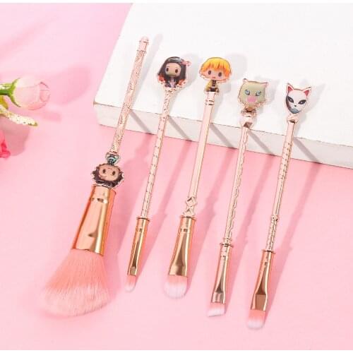 5pcs/set Demon Slayer Kimetsu No Yaiba Makeup Brushes Cosmeitcs Set Rose Gold Cosplay Women Accessories Tool with Bag Props Gift