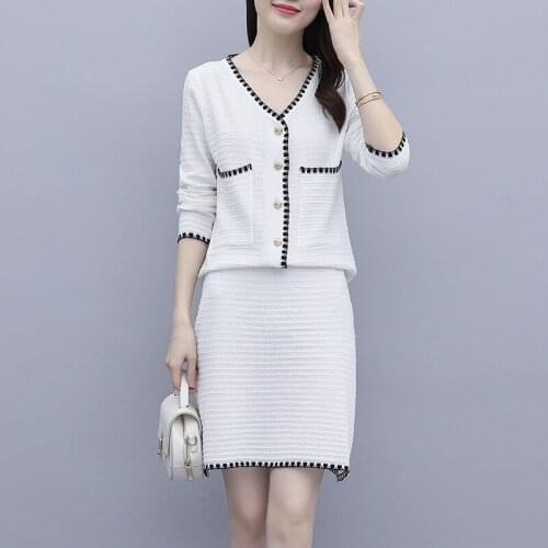 Plus Size 2021 Autumn New Fat Mm Small Fragrant Knit Suit Jacket + Waist Skirt Two-piece Suit