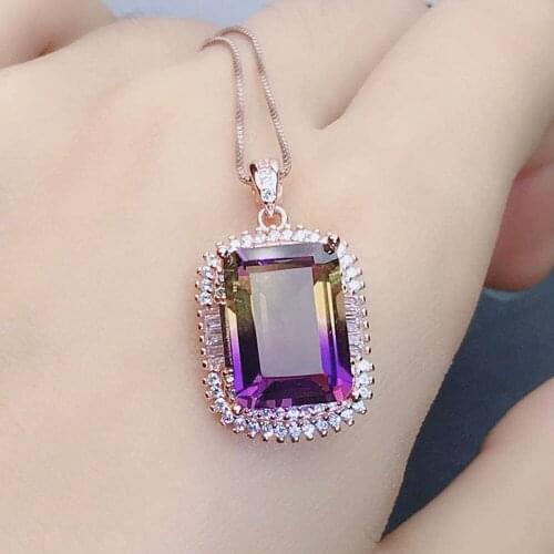ROSE GOLD TONE PURPLE CRYSTAL AMETHYST CITRINE GEMSTONES DIAMONDS PENDANT NECKLACES FOR WOMEN PARTY JEWELRY BIJOUX BAGUE FASHION
