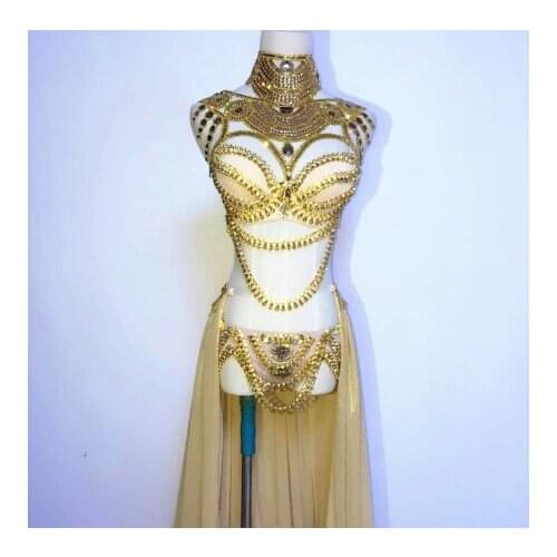 Stage wear Prom Sexy Sequin Gold Rhinestone Outfit Bra Short Skirt Crystal Celebrate Party Dress Female Singer Nightclub Costume