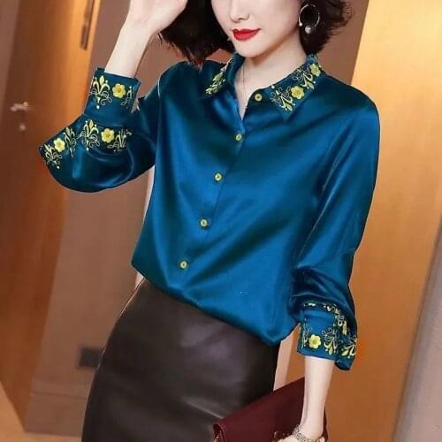 Chiffon Embroidery Women Shirts Summer New 2021 Turn-Down Collar Long-Sleeved Loose Elegant Office Lady Outwear Tops