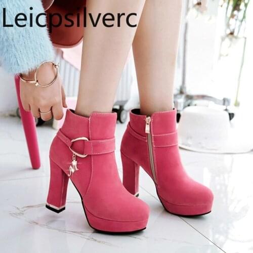 Womens Boots winter The New Flock Round head zipper Crystal Metal Decoration High heel Short tube Womens shoes plus size 34-43