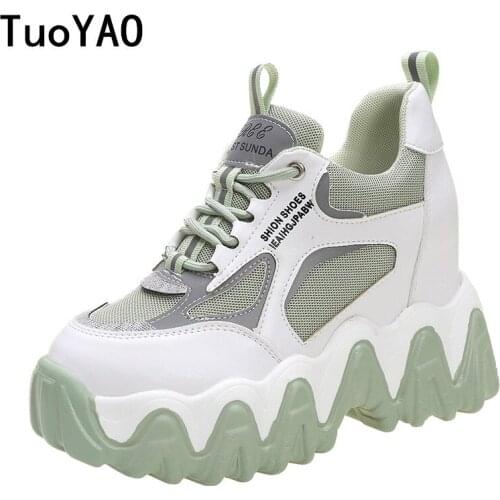 Women Summer Sneakers 2020 Breathable Mesh Casual Shoes 9.5cm Wedge Heels Chunky Sneakers Crystal High Platform Chaussures Femme