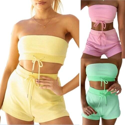 Women Casual Yoga Set Fitness Gym Clothes Sexy Sleeveless Bandeau Crop Top + High Waist Shorts Workout Running Sports Suit
