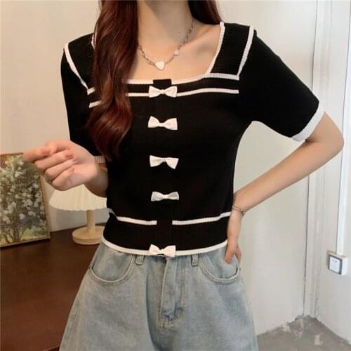 Harteen Summer Thin Fashionable Square Neck Bow Short Sleeve Female Knitted High Street Sweater Womens Clothing Slim Femme Top