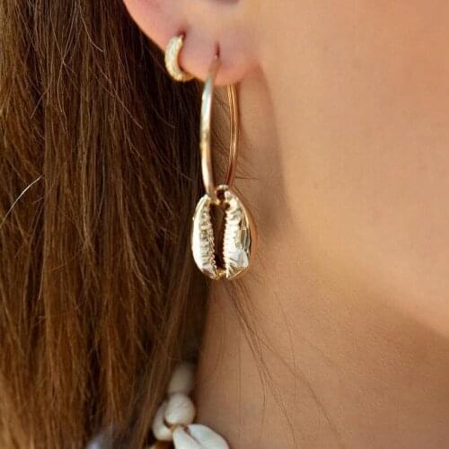 Gold Seashell Dangle Big Circle Hoop Earrings Trendy Women Personality Cowrie Shell Earrings Beach Jewelry Gifts For Her