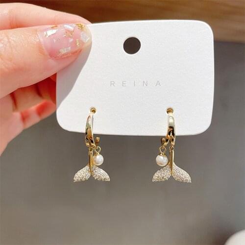 2021new dolphin fish tail pearl earrings needle earrings fashion and popular small lovely earrings wholesale