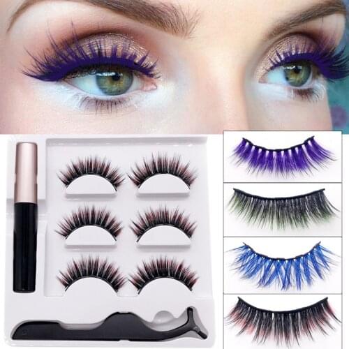 Colorful 3 Pairs/set Magnetic False Eyelashes Waterproof Magnetic Eyeliner With Tweezer NO Glue Lashes Extension Colored Eyelash