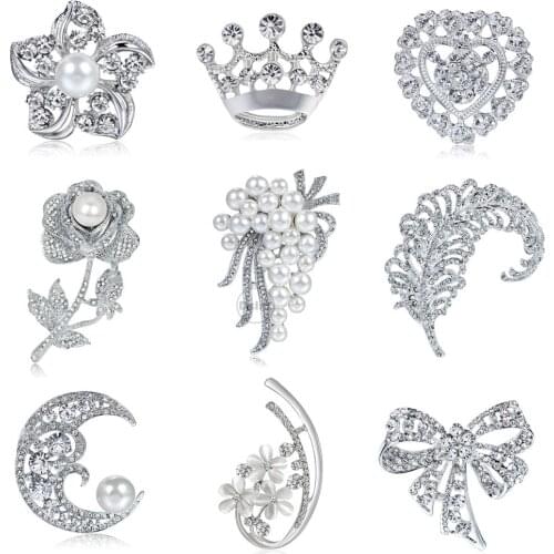 Cute Pearl Crystal Brooches For Women Feather Badges for Clothes Jewelry Bow Collar Pins Weddings Gifts Accessories For Friends