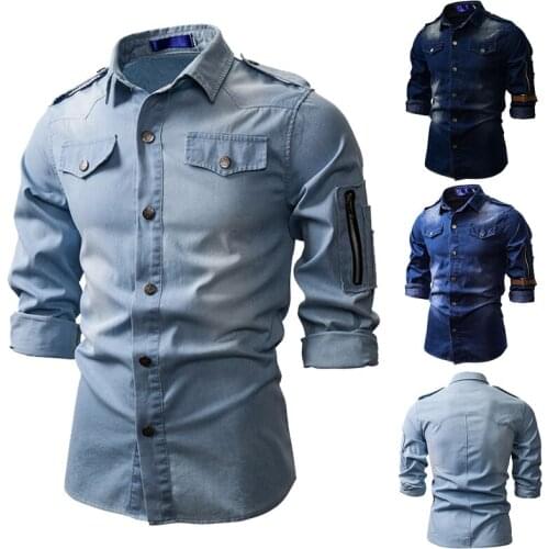 Men Denim Jeans Shirt Autumn Long Sleeved Shirts Casual Slim Retro Denim Tops