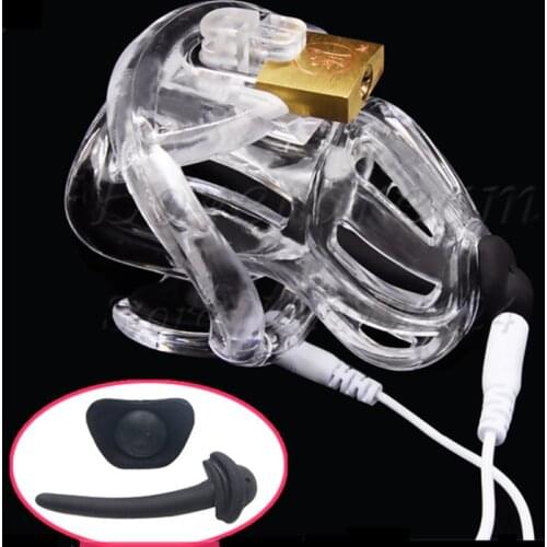 Electric Shock Male Chastity Device with Padlock,Electro Shock Cock Cage With 4 Penis Rings,BDSM Adult Games Sex Toy For Man Gay