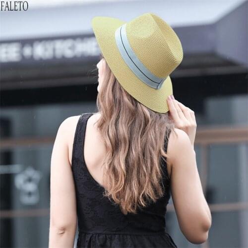 Faleto British Style Hats Summer Casual Beach Trilby Large Brim Jazz Sun Hat Panama Hat Paper Straw Women Fashion Cap W/ Ribbon
