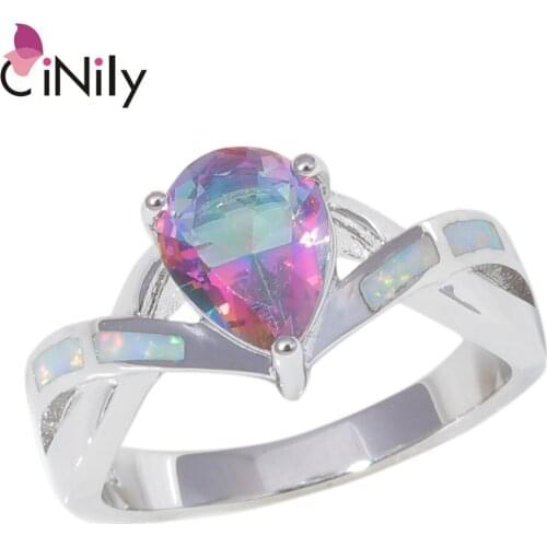 CiNily Created White Blue Fire Opal Silver Plated Wholesale Hot Sell for Women Jewelry Wedding Ring Size 6-10 OJ9409 OJ9414-15