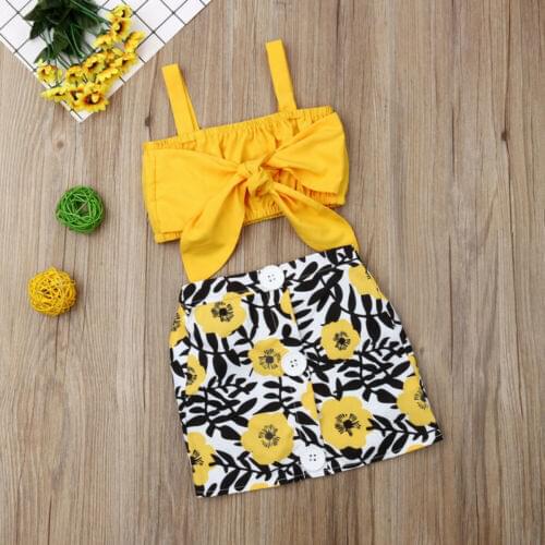 Kids Baby Girls Clothes Sets Yellow Sleeveless Bow Vest Tops Floral Button Skirt Outfits Sunsuit