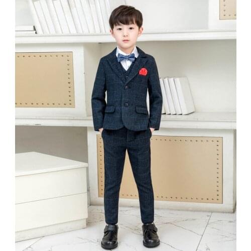 Latest Navy Blue Tweed Plaid Boys Suits 2 Pieces Set Children Prom Wedding Suit Blazer Kids Tuxedo for Wedding Jacket with Pants