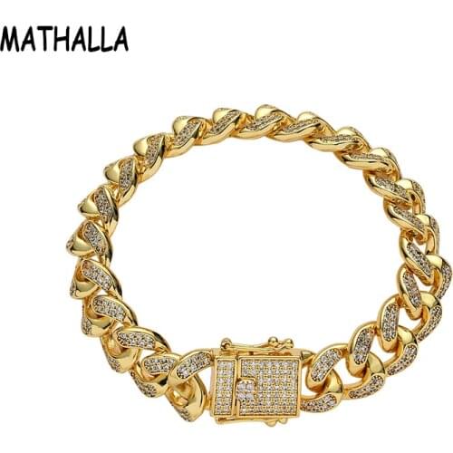 MATHALLA 12mm Miami Cuban Chain Bracelet High Quality Ice AAA Cubic Zircon Chain Bracelet Hiphop Jewelry Mens Bracelet