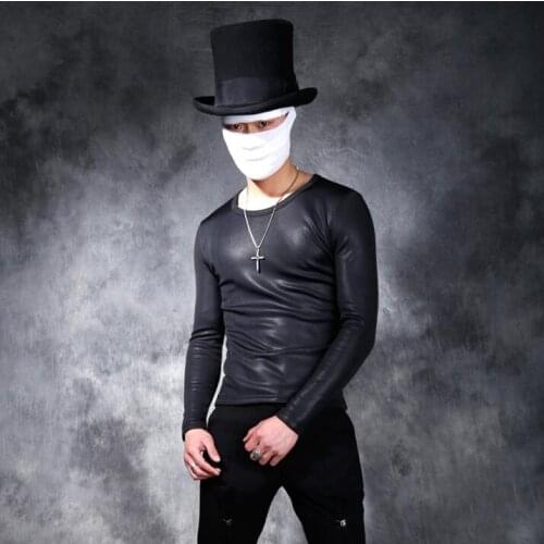 Autumn and winter New Men personality Slim short round neck leather T-shirt hairstylist stretch thickening tight bottoming shirt