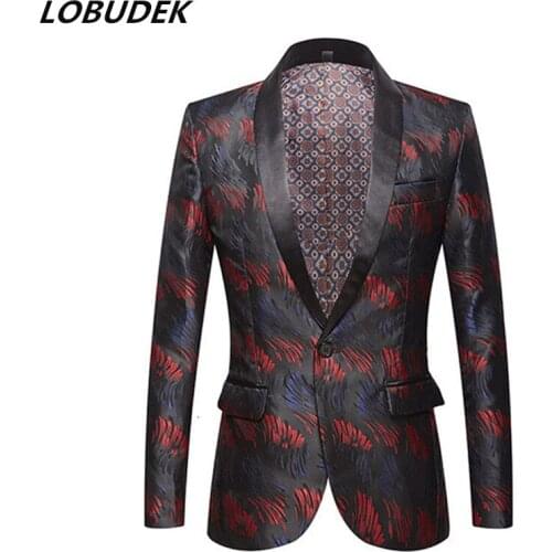 Mens Jacquard Slim Suit Jacket Business Casual Blazer Fashion Banquet Evening Party Coat Singer Host Stage Performance Clothes